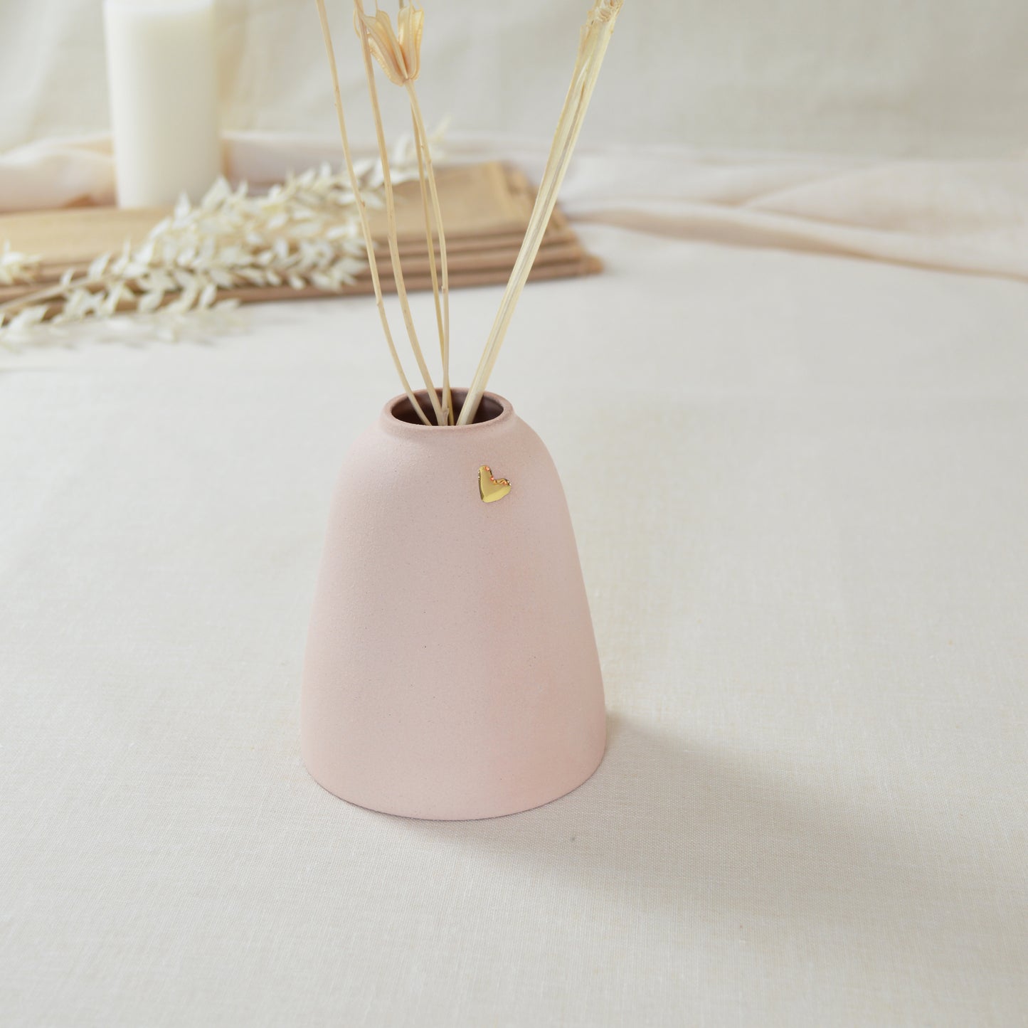 Pastel Pink Ceramic Vase With A Short Rim And An Embossed Gold Heart | Pretty Pink Decor | Mother's Day Vase | Stoneware