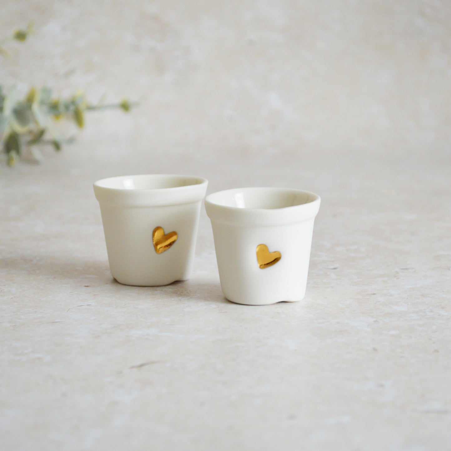Discontinued* Seconds* A Pair of Mini Porcelain Pots with a Gold Embossed Heart | Porcelain | Pots | Handcrafted | Mini Plant Pot (A103)