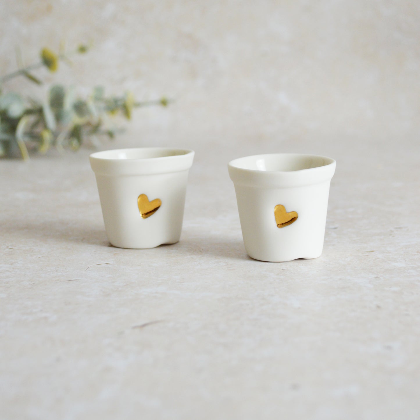 Discontinued* Seconds* A Pair of Mini Porcelain Pots with a Gold Embossed Heart | Porcelain | Pots | Handcrafted | Mini Plant Pot (A103)