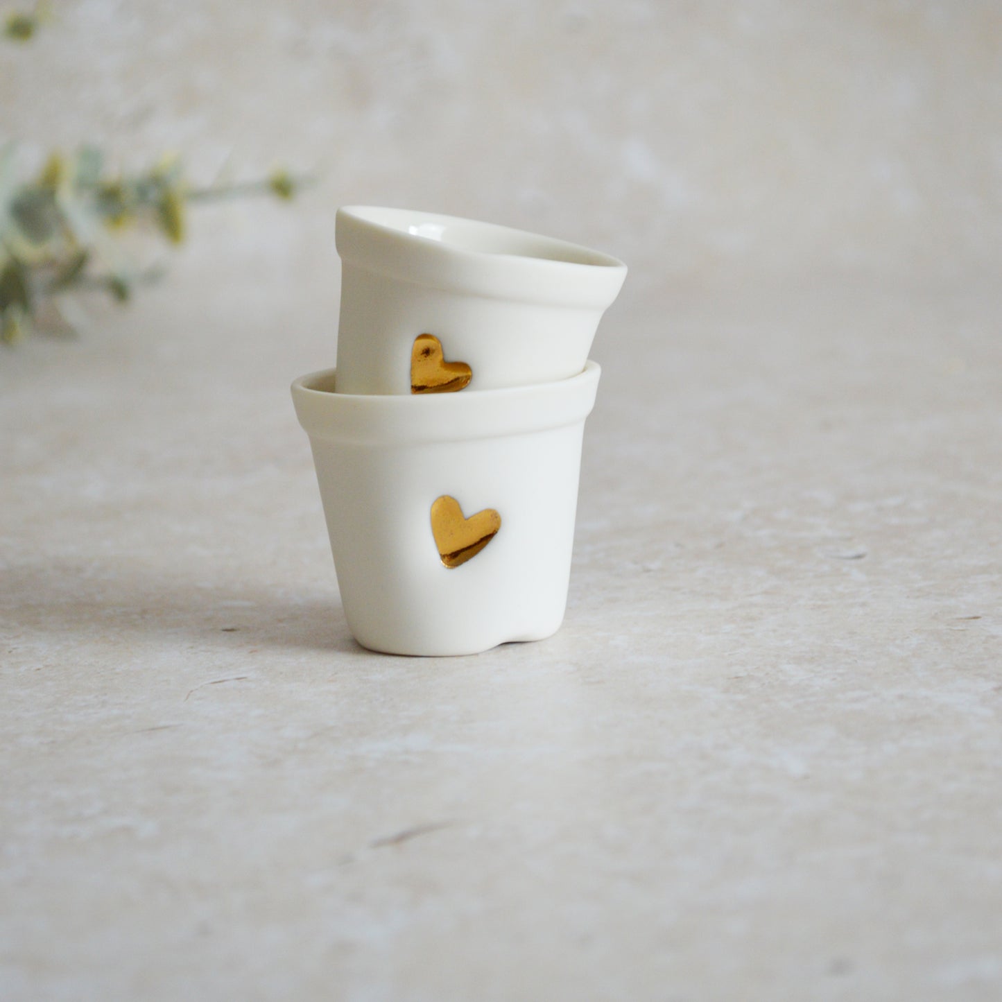 Discontinued* Seconds* A Pair of Mini Porcelain Pots with a Gold Embossed Heart | Porcelain | Pots | Handcrafted | Mini Plant Pot (A103)