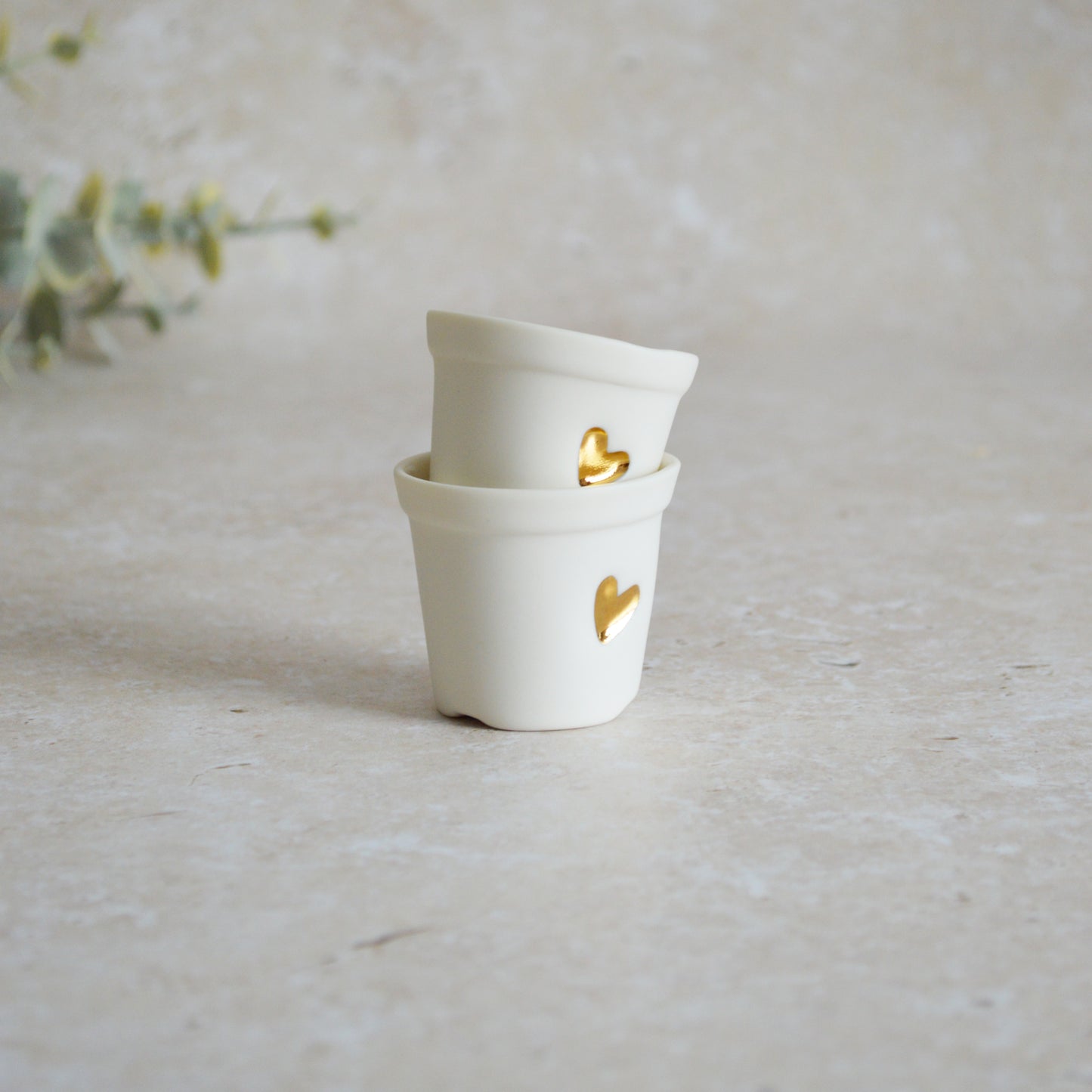Discontinued* Seconds* A Pair of Mini Porcelain Pots with a Gold Embossed Heart | Porcelain | Pots | Handcrafted | Mini Plant Pot (A103)