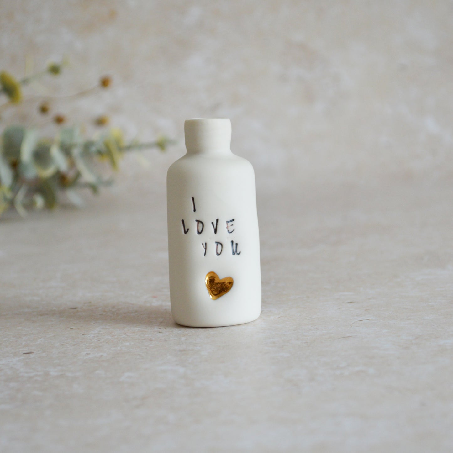 Seconds* Discontinued* I Love You Small Bottle With A Gold Heart | Porcelain | Valentines Keepsake (A106)