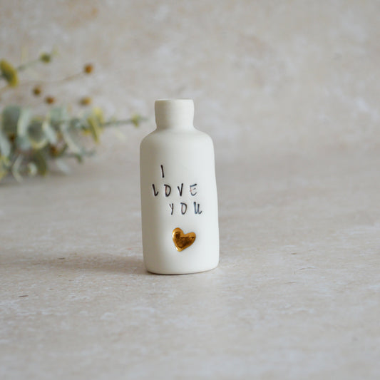 Seconds* Discontinued* I Love You Small Bottle With A Gold Heart | Porcelain | Valentines Keepsake (A106)