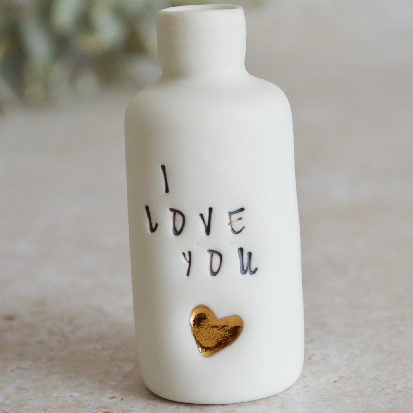 Seconds* Discontinued* I Love You Small Bottle With A Gold Heart | Porcelain | Valentines Keepsake (A106)