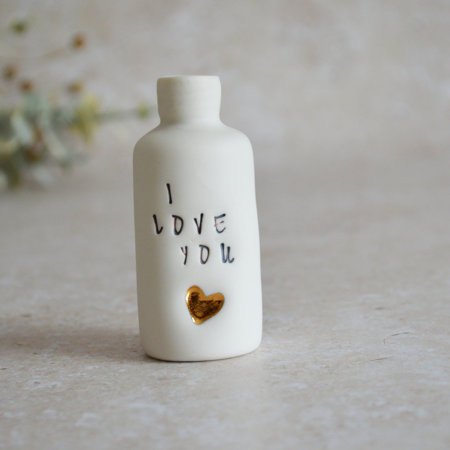 Seconds* Discontinued* I Love You Small Bottle With A Gold Heart | Porcelain | Valentines Keepsake (A106)
