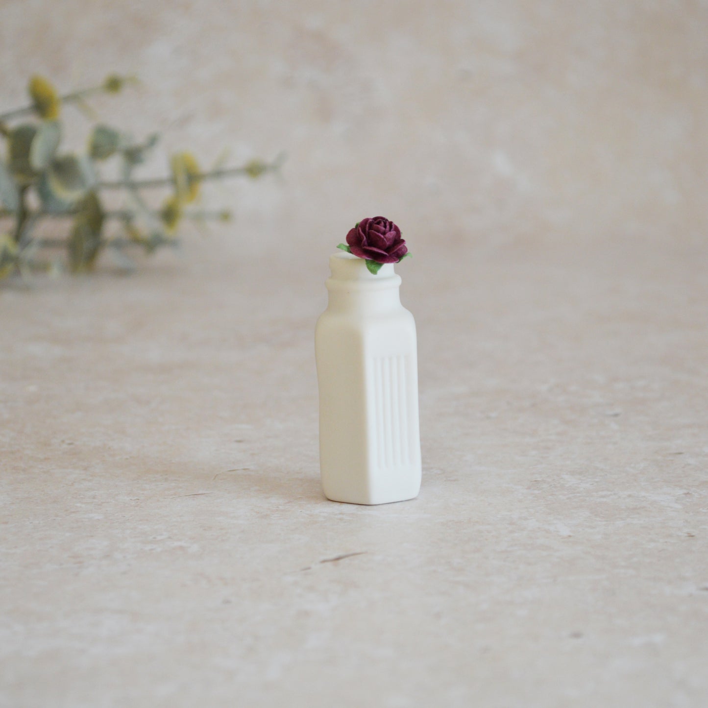 Seconds* Discontinued* Small White Bottle with an Embossed Gold Heart and a Maroon Paper Rose (A109)