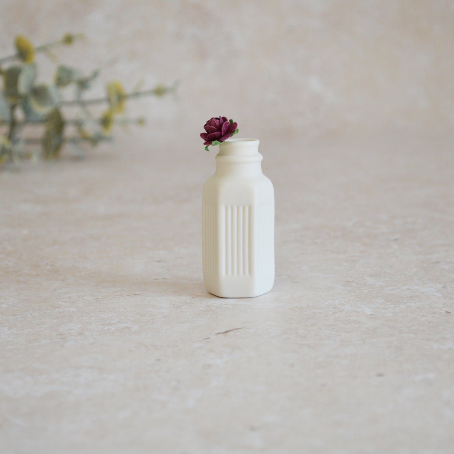 Seconds* Discontinued* Small White Bottle with an Embossed Gold Heart and a Maroon Paper Rose (A109)