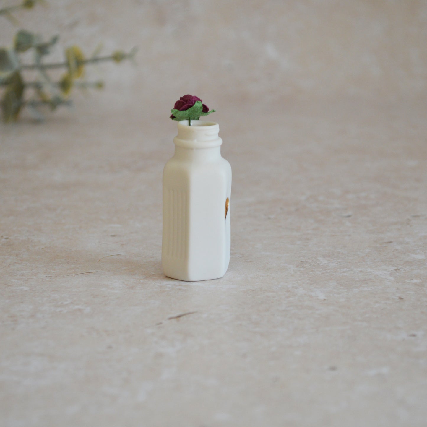 Seconds* Discontinued* Small White Bottle with an Embossed Gold Heart and a Maroon Paper Rose (A109)