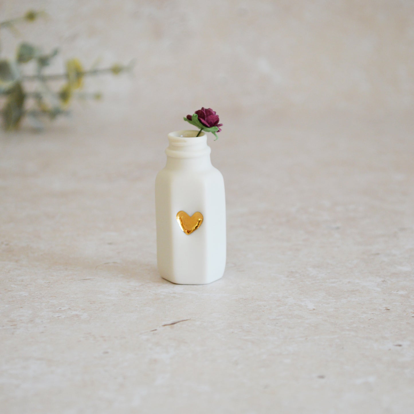Seconds* Discontinued* Small White Bottle with an Embossed Gold Heart and a Maroon Paper Rose (A109)