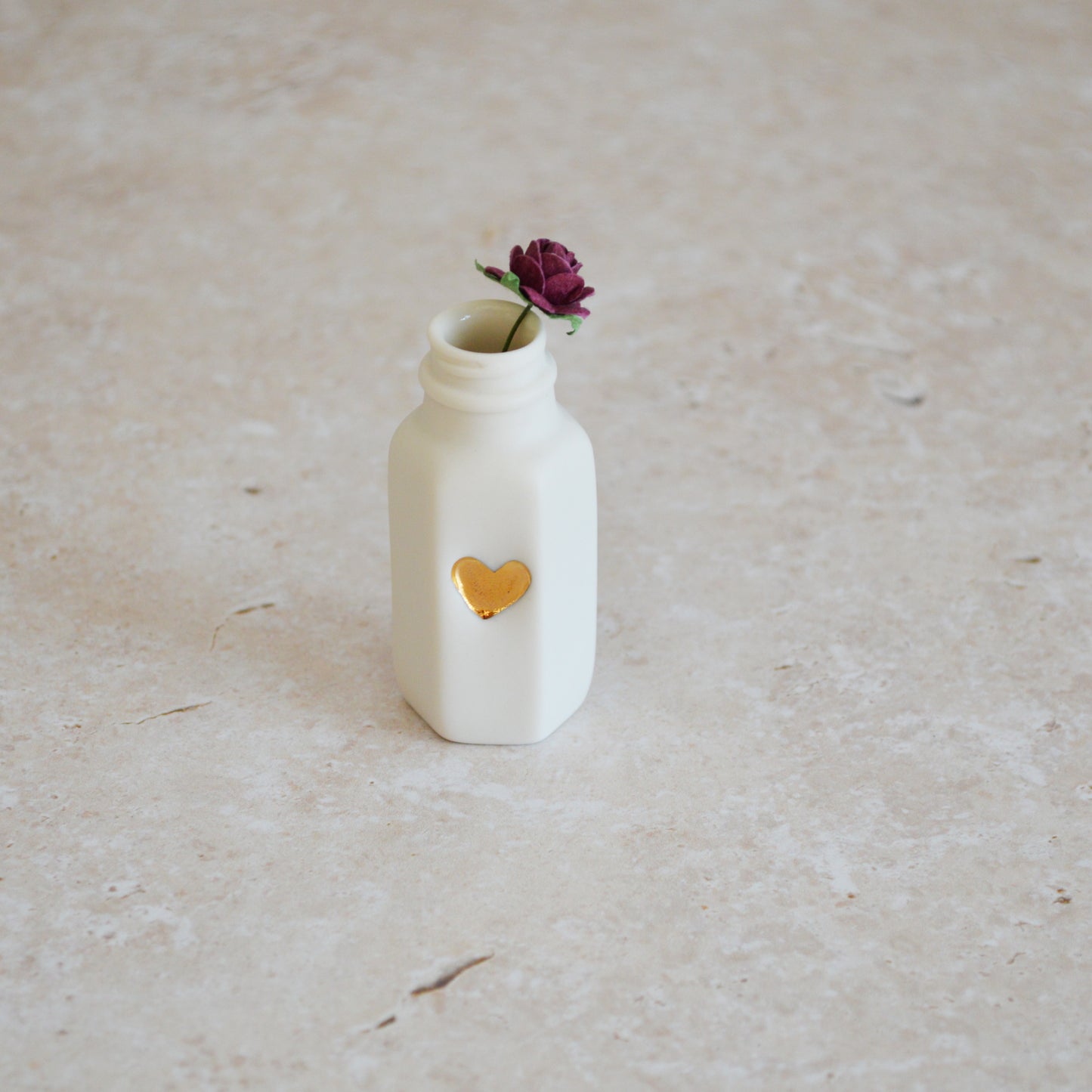 Seconds* Discontinued* Small White Bottle with an Embossed Gold Heart and a Maroon Paper Rose (A109)