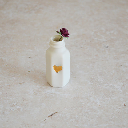 Seconds* Discontinued* Small White Bottle with an Embossed Gold Heart and a Maroon Paper Rose (A109)