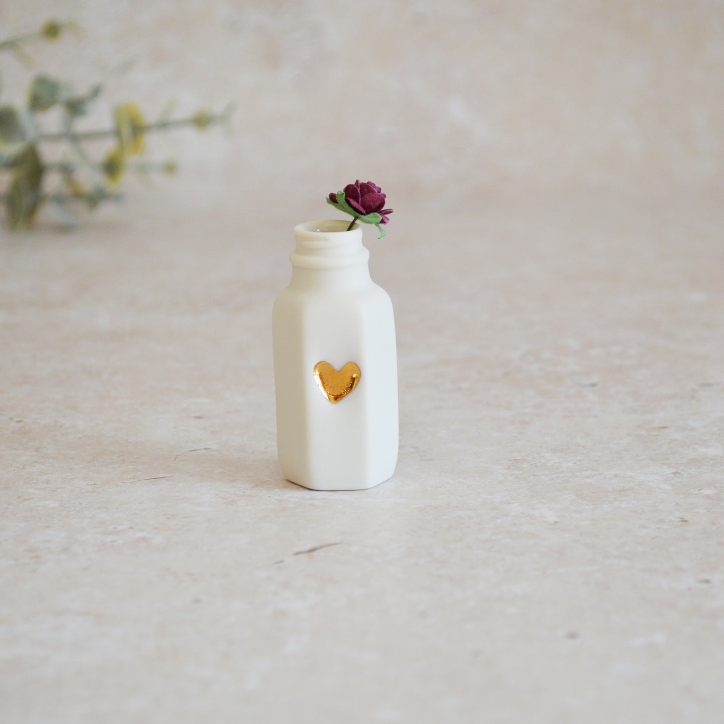 Seconds* Discontinued* Small White Bottle with an Embossed Gold Heart and a Maroon Paper Rose (A109)