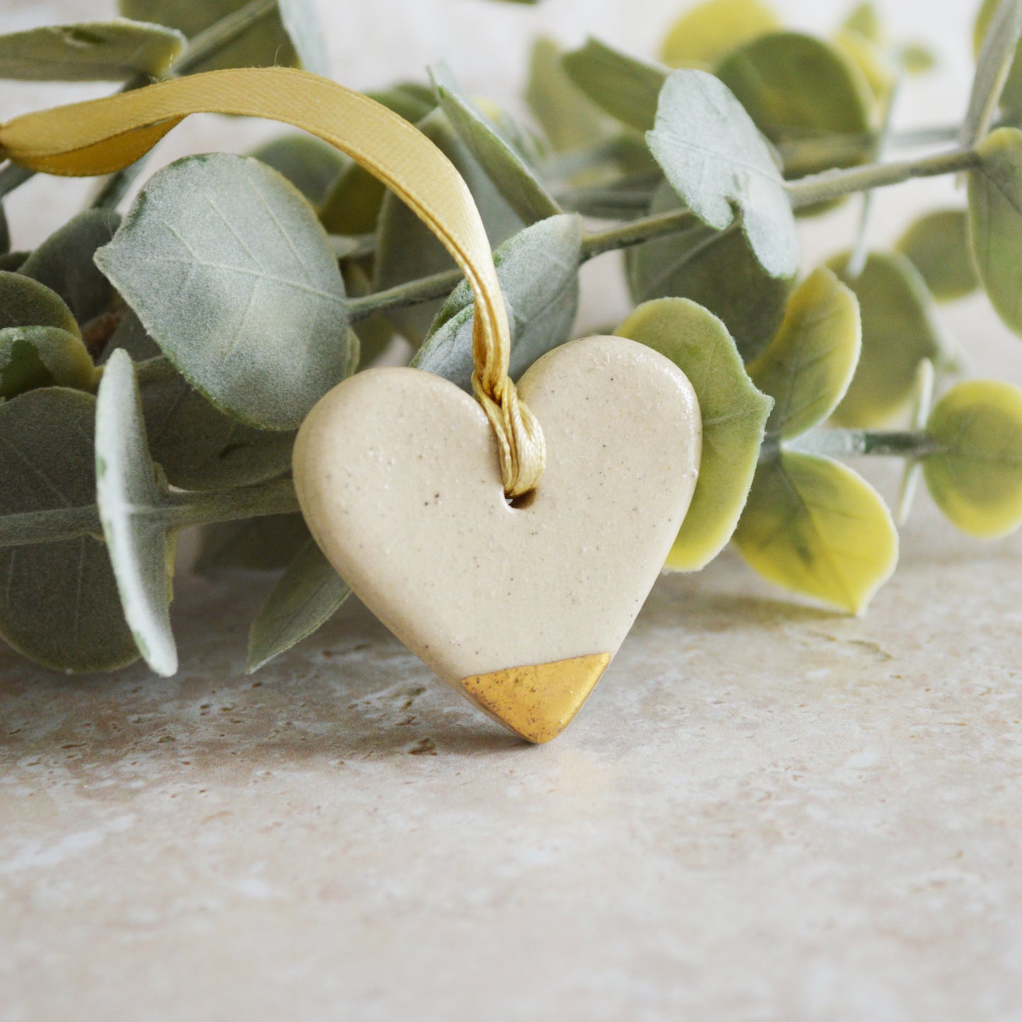 Sample* Mini Hanging Heart Tag | Glazed Speckled Beige | Mini Heart With Gold Tip | Valentine's Gift | Stoneware (A111)