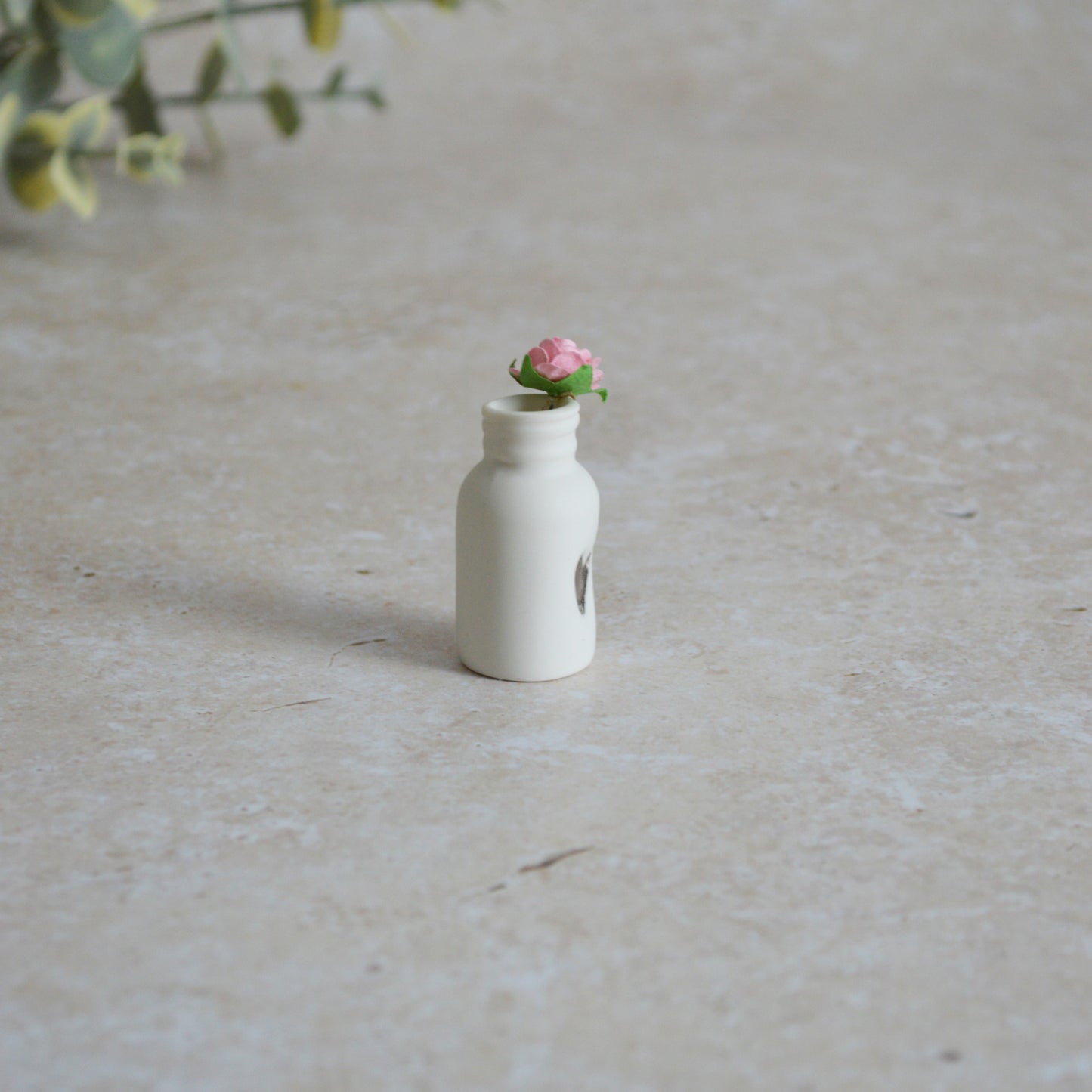 Seconds* Mini Bottle with An Embossed Silver Heart and a Pink Paper Rose | Valentine's Gifts | Porcelain (A112)
