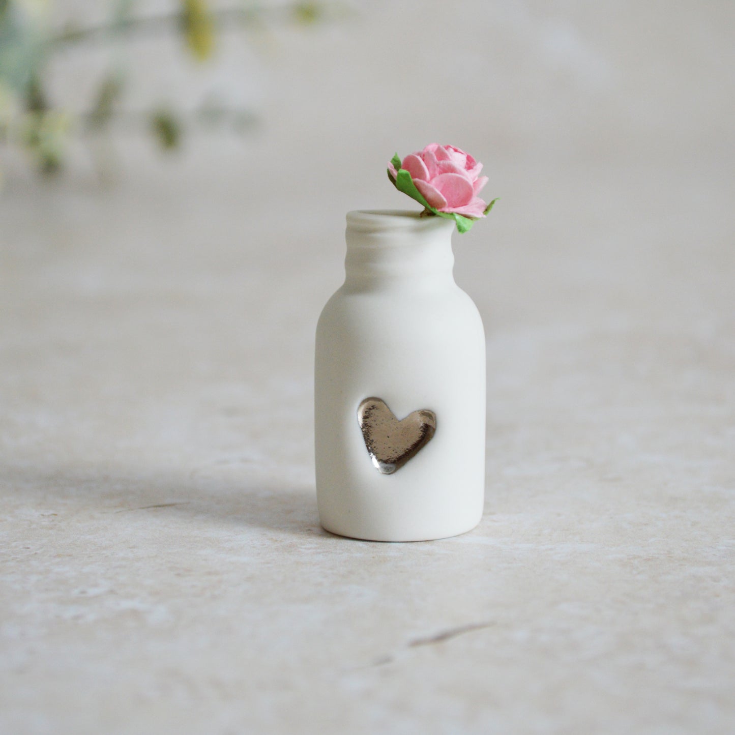 Seconds* Mini Bottle with An Embossed Silver Heart and a Pink Paper Rose | Valentine's Gifts | Porcelain (A112)