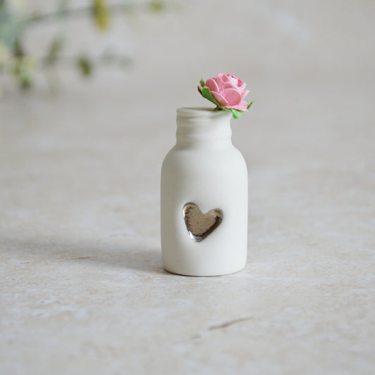 Seconds* Mini Bottle with An Embossed Silver Heart and a Pink Paper Rose | Valentine's Gifts | Porcelain (A112)