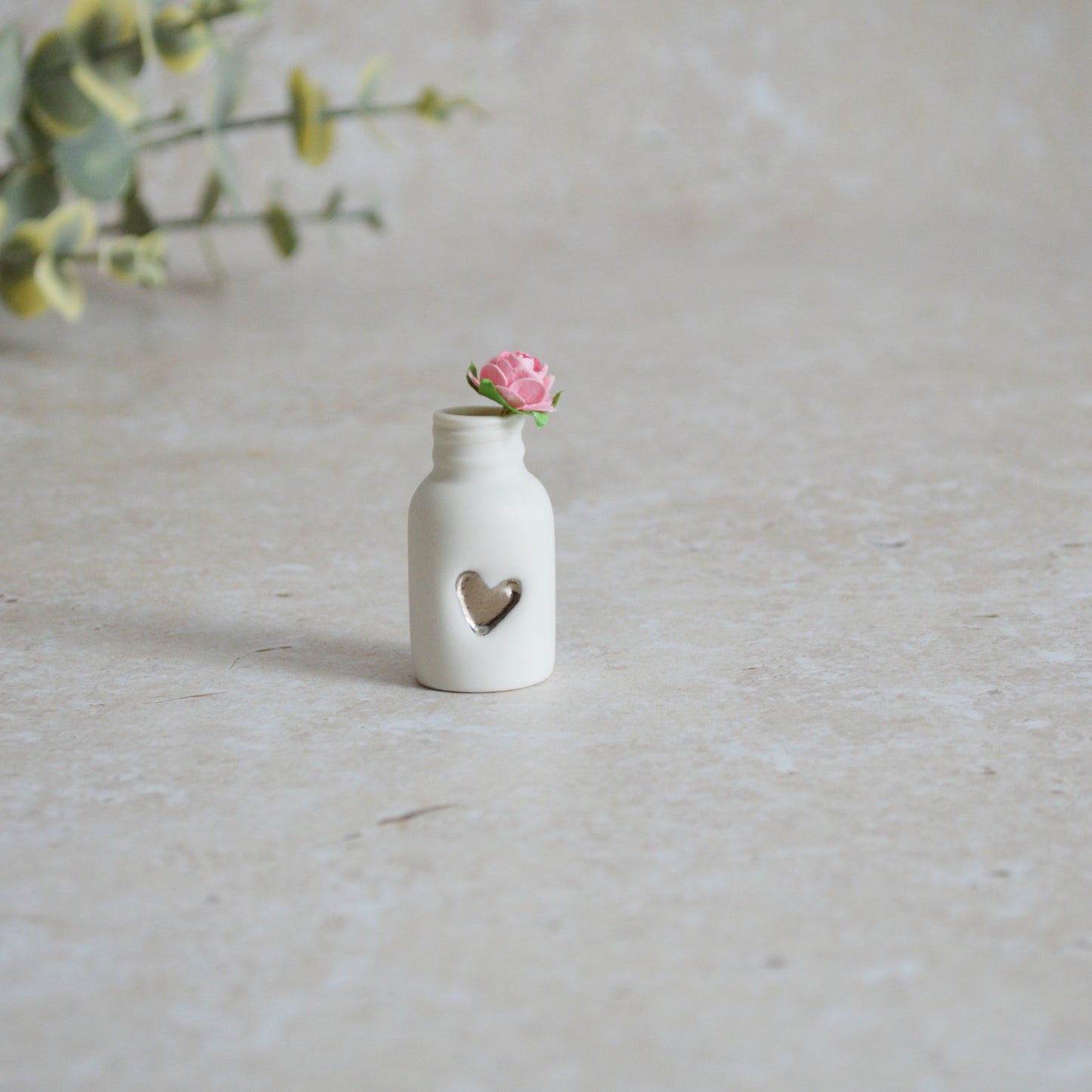 Seconds* Mini Bottle with An Embossed Silver Heart and a Pink Paper Rose | Valentine's Gifts | Porcelain (A112)