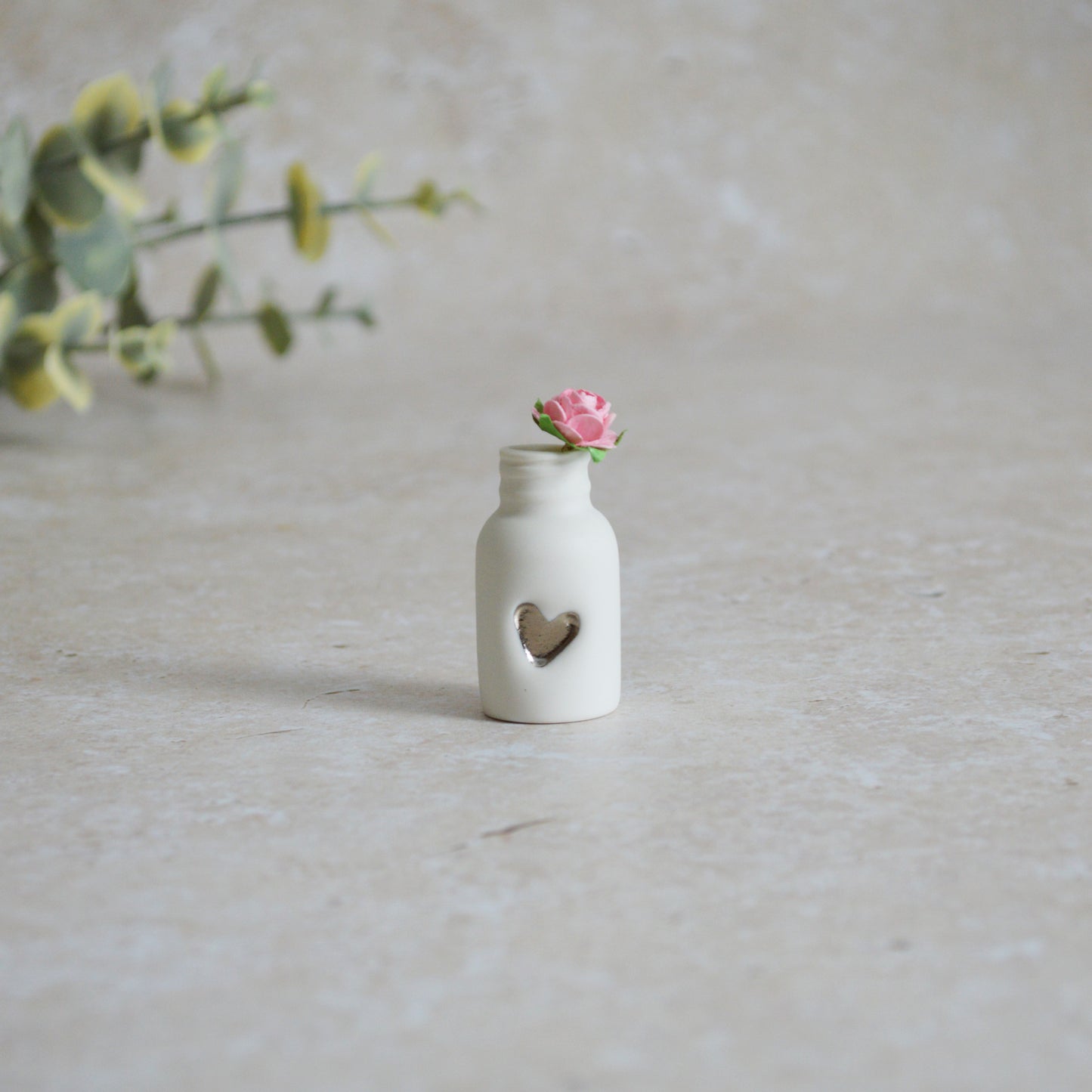 Seconds* Mini Bottle with An Embossed Silver Heart and a Pink Paper Rose | Valentine's Gifts | Porcelain (A112)