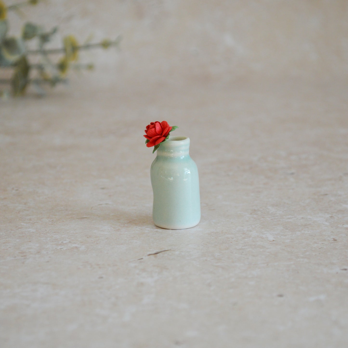Seconds* Discontinued* Glazed Mini Bottle with an Embossed Gold Heart and a Red Paper Rose A113