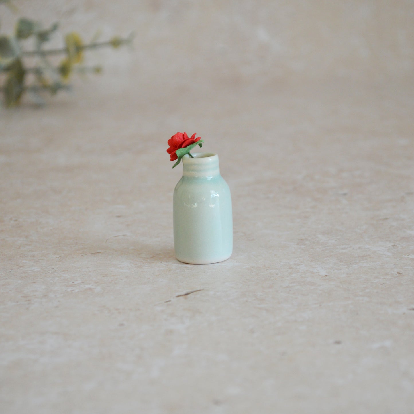 Seconds* Discontinued* Glazed Mini Bottle with an Embossed Gold Heart and a Red Paper Rose A113