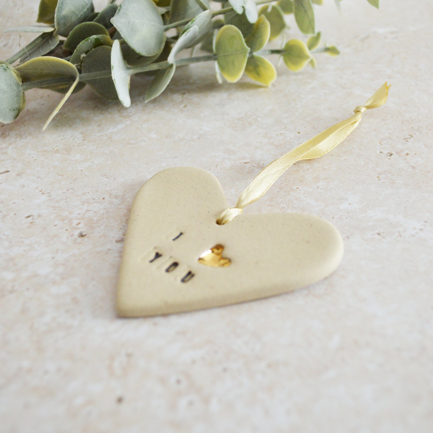 Sample* I Love You Heart With A Gold Heart | Speckled Beige | Stoneware | Hanging Heart Decoration | Valentines Keepsake (A114)