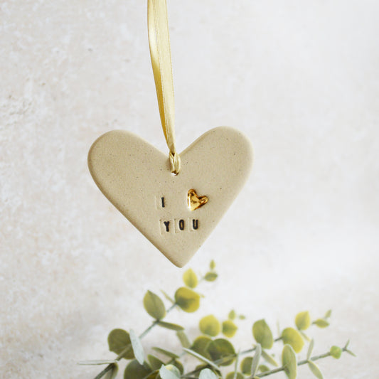 Sample* I Love You Heart With A Gold Heart | Speckled Beige | Stoneware | Hanging Heart Decoration | Valentines Keepsake (A114)