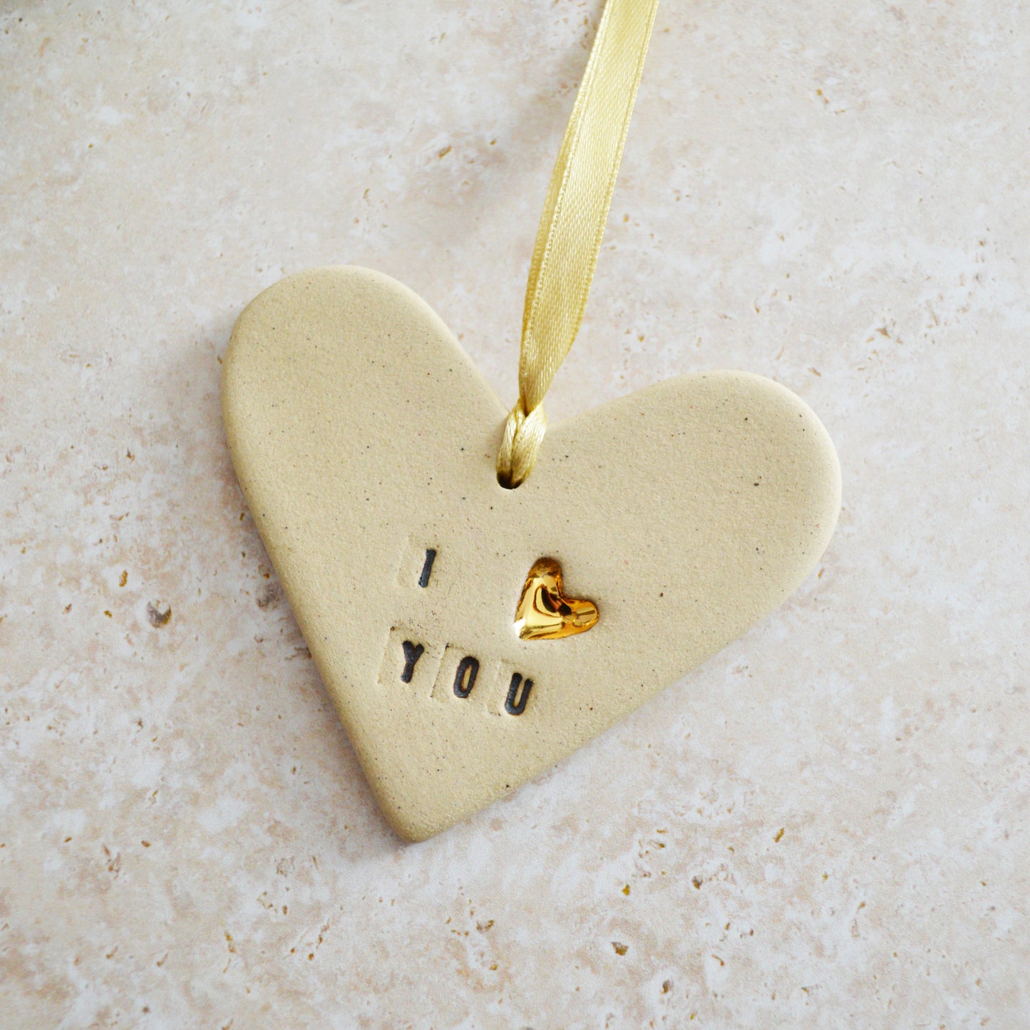 Sample* I Love You Heart With A Gold Heart | Speckled Beige | Stoneware | Hanging Heart Decoration | Valentines Keepsake (A114)