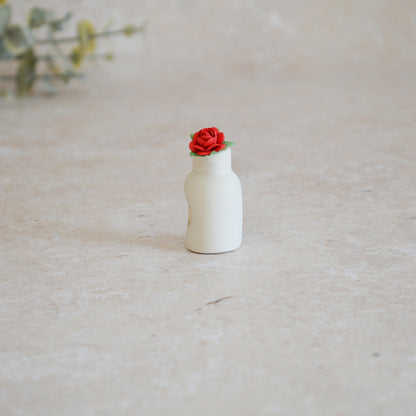 Seconds* Mini Bottle with An Embossed Gold Heart and Red Paper Rose | Valentine's Gifts | Porcelain (A116)