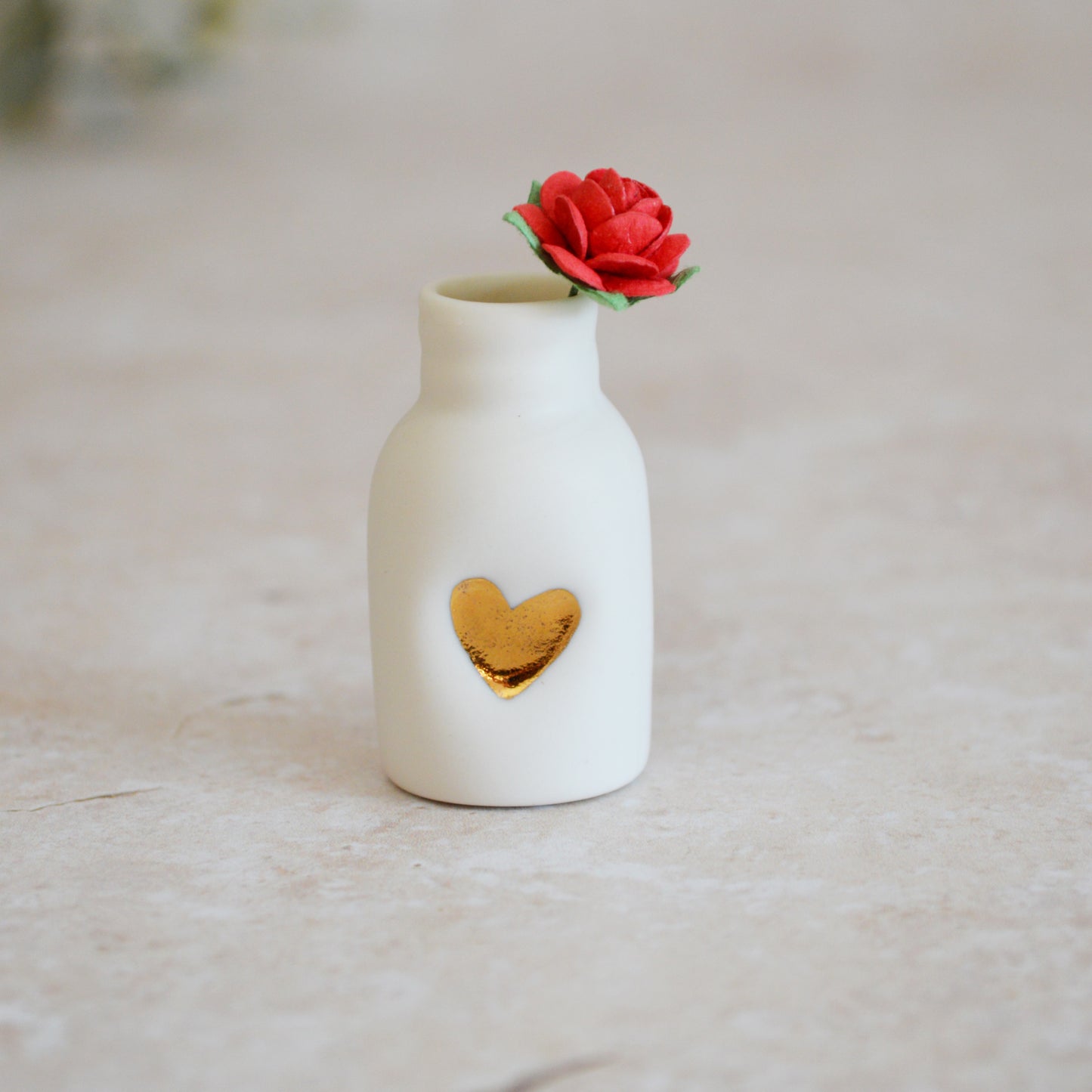 Seconds* Mini Bottle with An Embossed Gold Heart and Red Paper Rose | Valentine's Gifts | Porcelain (A116)