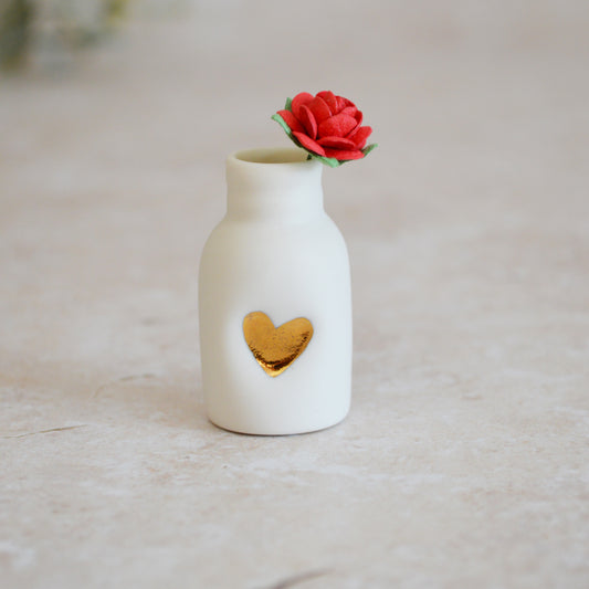 Seconds* Mini Bottle with An Embossed Gold Heart and Red Paper Rose | Valentine's Gifts | Porcelain (A116)