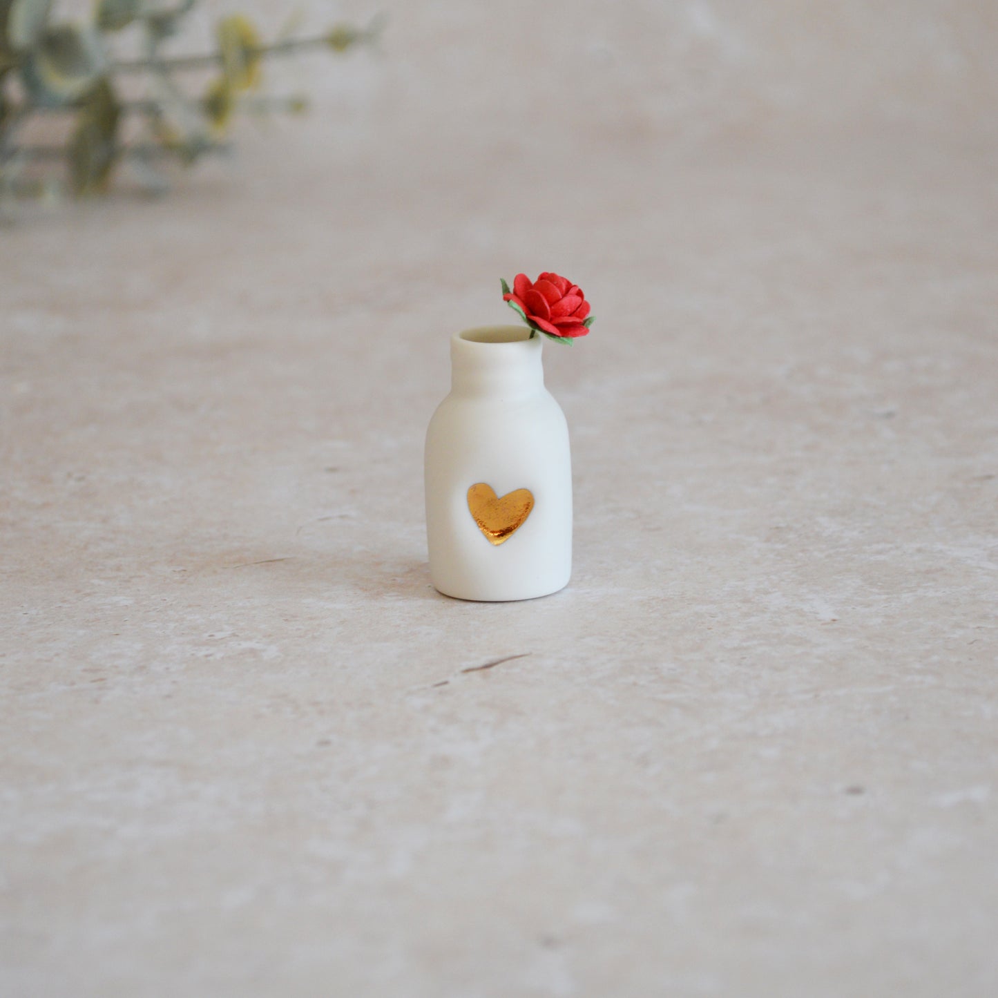 Seconds* Mini Bottle with An Embossed Gold Heart and Red Paper Rose | Valentine's Gifts | Porcelain (A116)