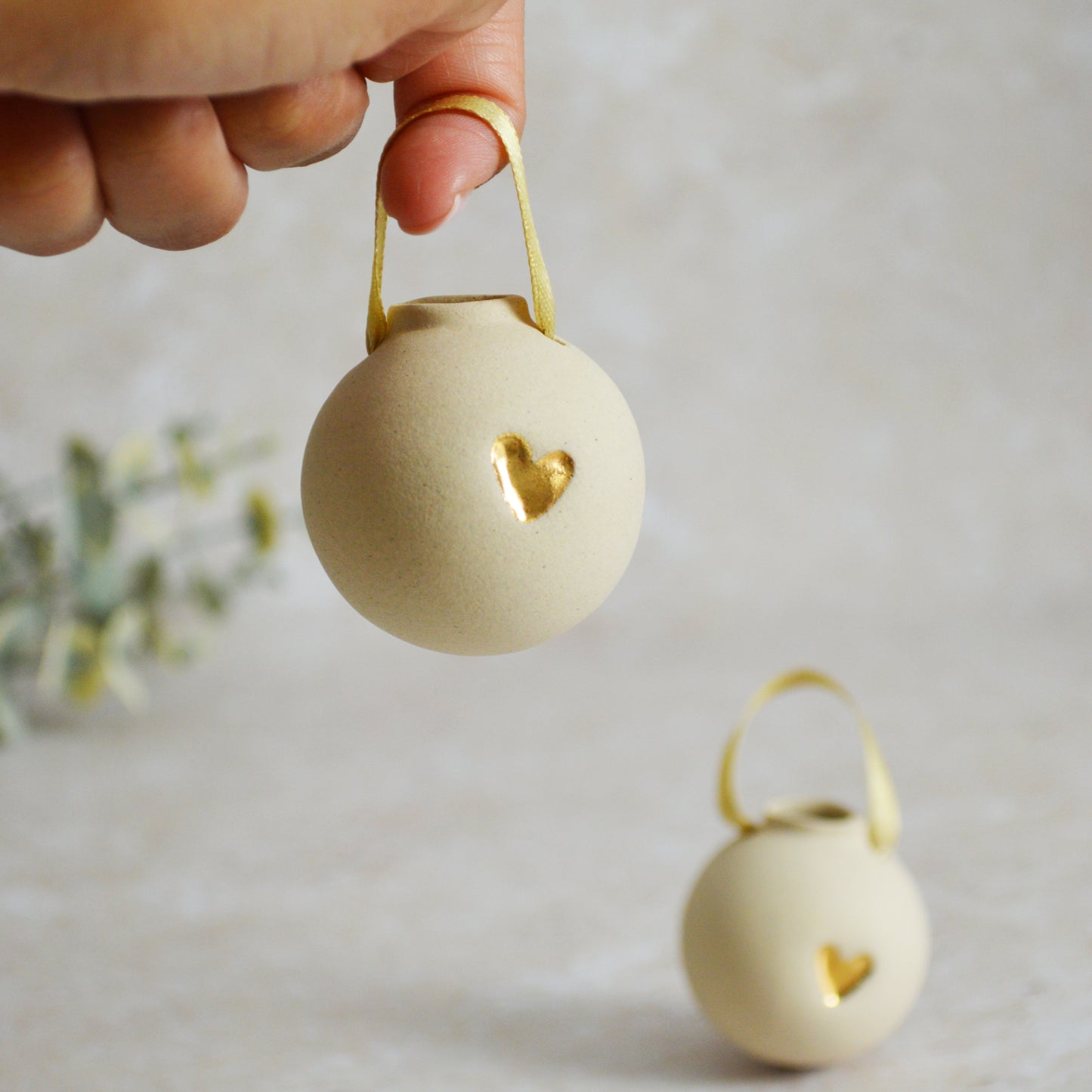 Sample* BEIGE Small Pastel Bauble With A Gold Heart | Stoneware | Hanging Christmas Decorations | Christmas Tree Decor (A117)