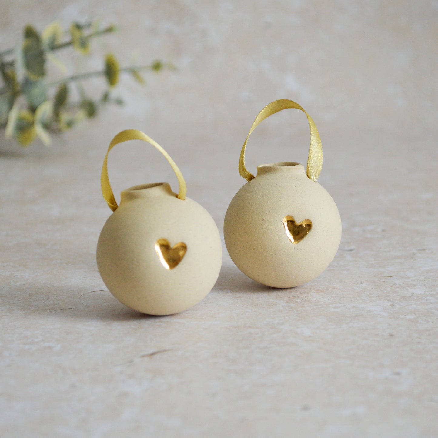 Sample* BEIGE Small Pastel Bauble With A Gold Heart | Stoneware | Hanging Christmas Decorations | Christmas Tree Decor (A117)