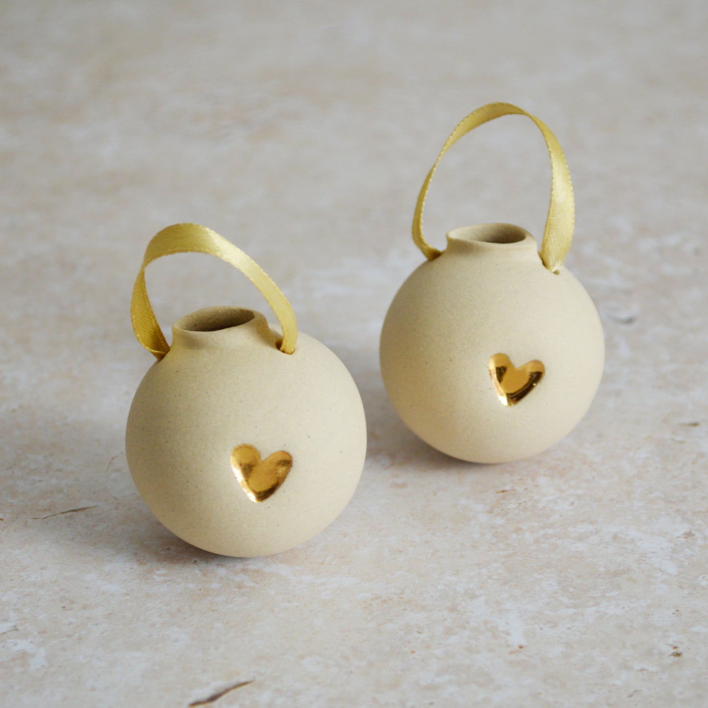 Sample* BEIGE Small Pastel Bauble With A Gold Heart | Stoneware | Hanging Christmas Decorations | Christmas Tree Decor (A117)