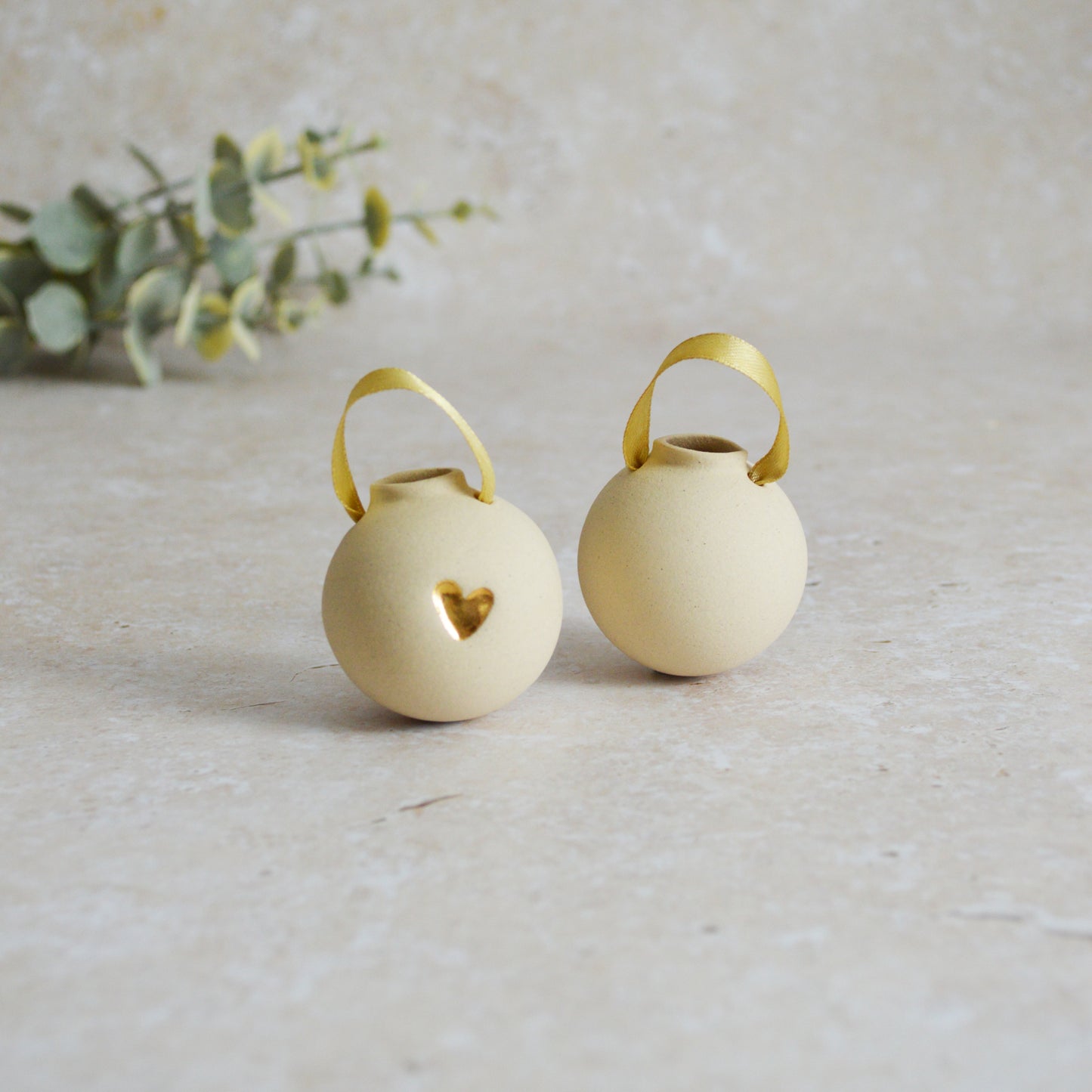 Sample* BEIGE Small Pastel Bauble With A Gold Heart | Stoneware | Hanging Christmas Decorations | Christmas Tree Decor (A117)