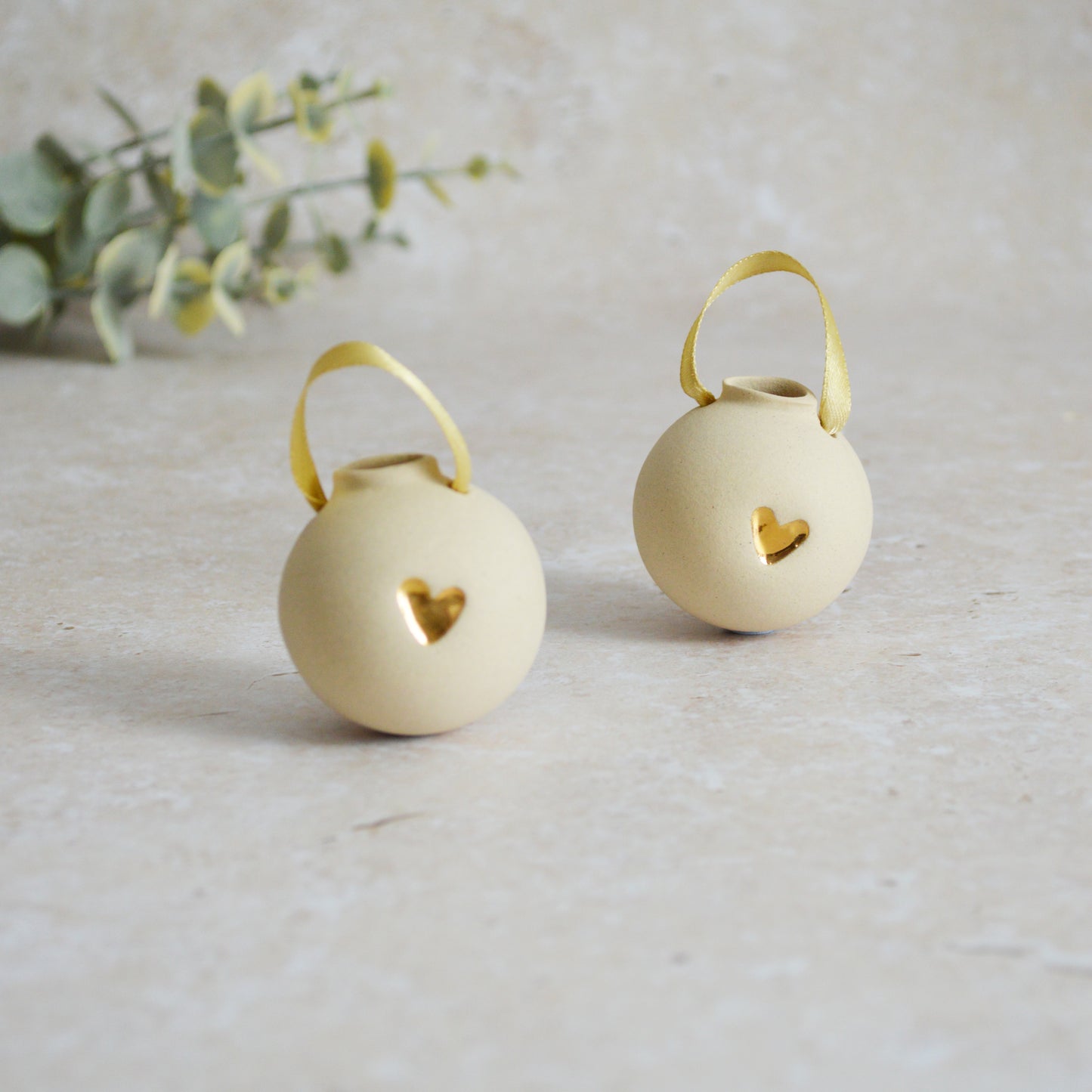 Sample* BEIGE Small Pastel Bauble With A Gold Heart | Stoneware | Hanging Christmas Decorations | Christmas Tree Decor (A117)