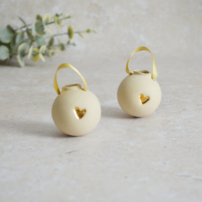 Sample* BEIGE Small Pastel Bauble With A Gold Heart | Stoneware | Hanging Christmas Decorations | Christmas Tree Decor (A117)