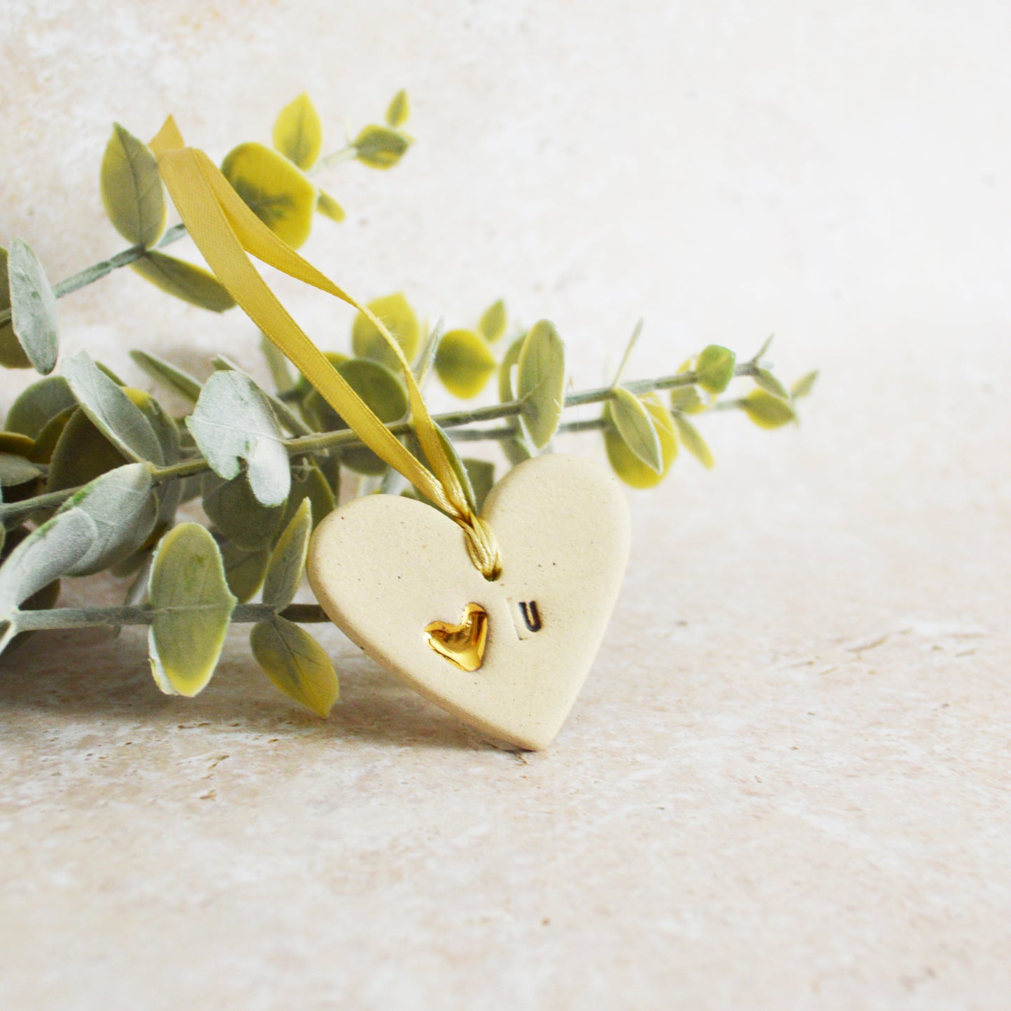 Sample* Mini Hanging Heart U Tag | Speckled Beige | Love You Heart Tag With A Mini Pearl Heart Tag | Valentine's Gift | Stoneware (A118)