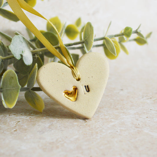 Sample* Mini Hanging Heart U Tag | Speckled Beige | Love You Heart Tag With A Mini Pearl Heart Tag | Valentine's Gift | Stoneware (A118)