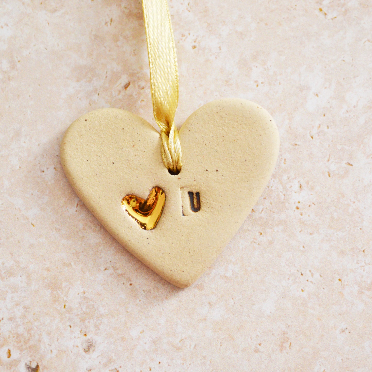Sample* Mini Hanging Heart U Tag | Speckled Beige | Love You Heart Tag With A Mini Pearl Heart Tag | Valentine's Gift | Stoneware (A118)