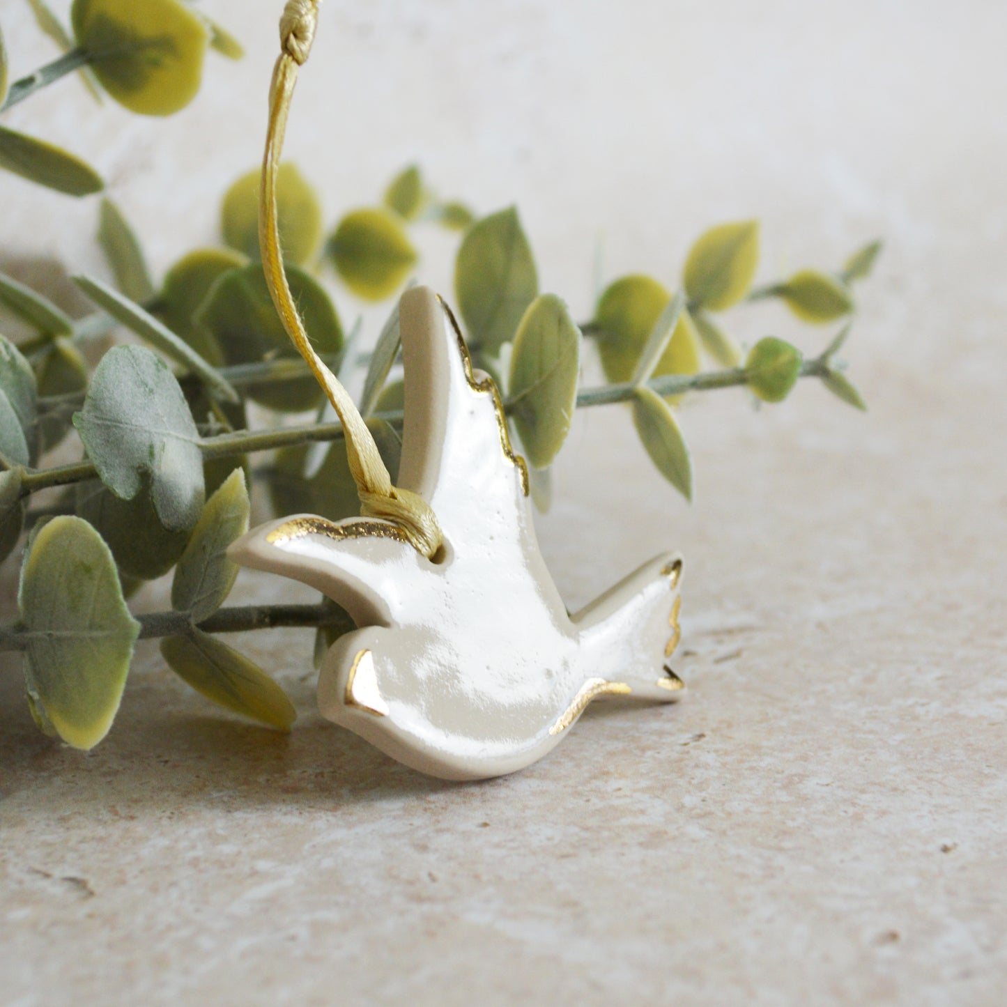 Sample* Mini Hanging Dove Gold Lustre Markings | Soft Cream | Hanging Decoration | Christmas Decor | Tree Ornament (A119)