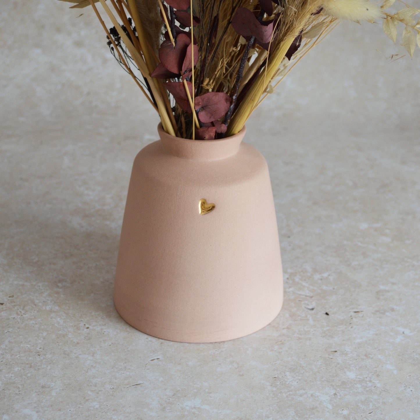 Seconds* Pastel Pink Collard Neck Ceramic Vase With A Gold Embossed Heart | Stoneware Vase | Flower Vase (A13)