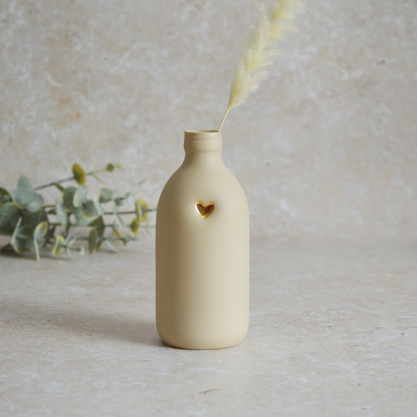 Seconds* Large Beige Bottle Vase With A Gold Embossed Heart | Flower Vase | Porcelain Vase