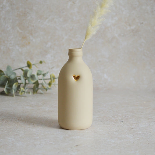 Seconds* Large Beige Bottle Vase With A Gold Embossed Heart | Flower Vase | Porcelain Vase