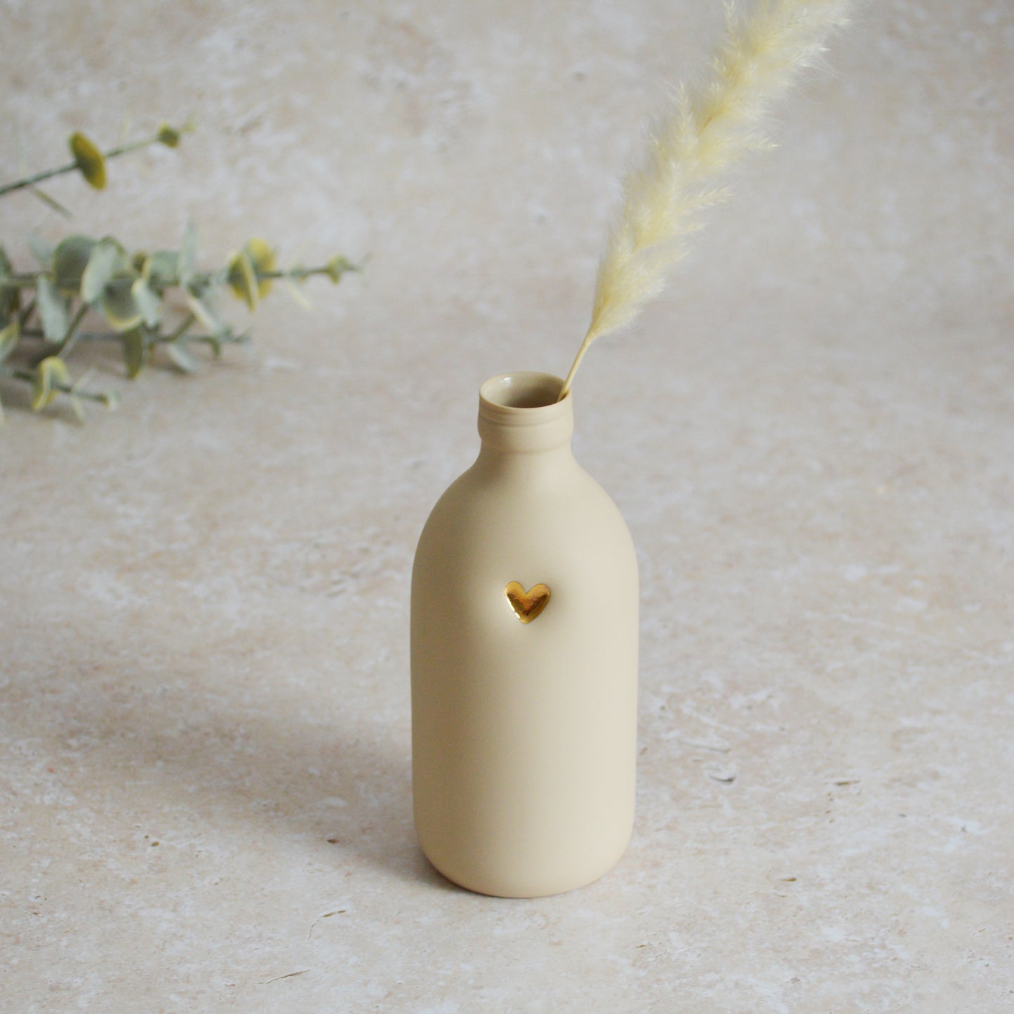 Seconds* Large Beige Bottle Vase With A Gold Embossed Heart | Flower Vase | Porcelain Vase