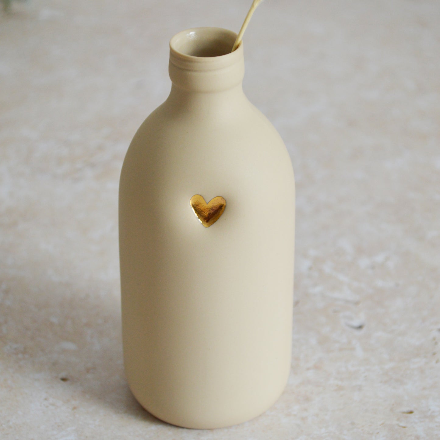 Seconds* Large Beige Bottle Vase With A Gold Embossed Heart | Flower Vase | Porcelain Vase