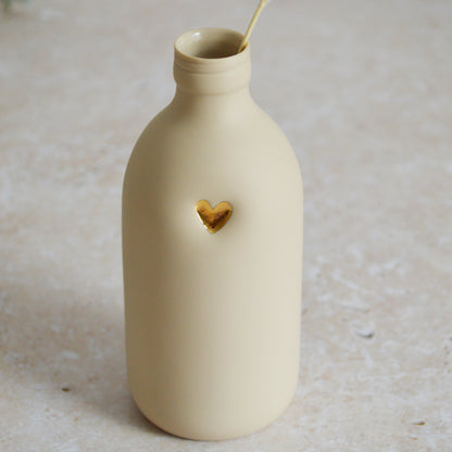 Seconds* Large Beige Bottle Vase With A Gold Embossed Heart | Flower Vase | Porcelain Vase