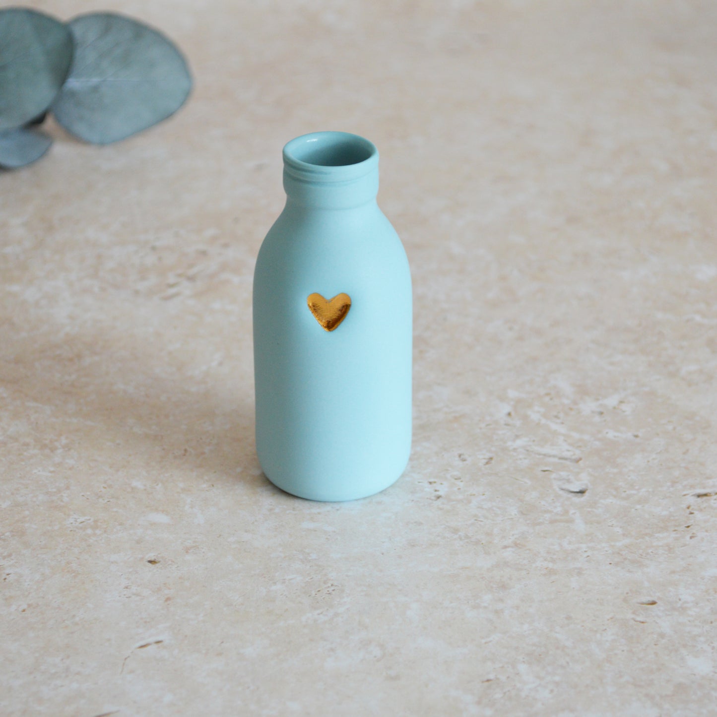 Seconds* MEDIUM BLUE Pastel Bottle Vases With A Gold Embossed Heart | Summer Vase | Flower Vase | Porcelain (A16)