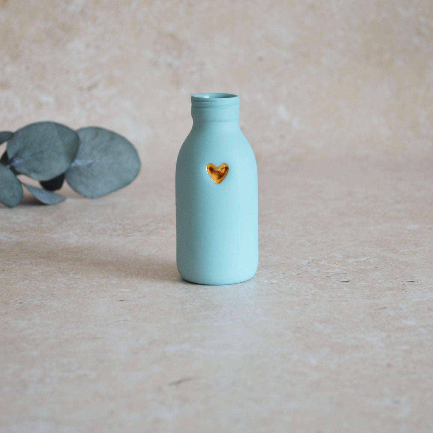 Seconds* MEDIUM BLUE Pastel Bottle Vases With A Gold Embossed Heart | Summer Vase | Flower Vase | Porcelain (A16)