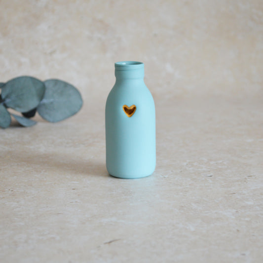 Seconds* MEDIUM BLUE Pastel Bottle Vases With A Gold Embossed Heart | Summer Vase | Flower Vase | Porcelain (A16)